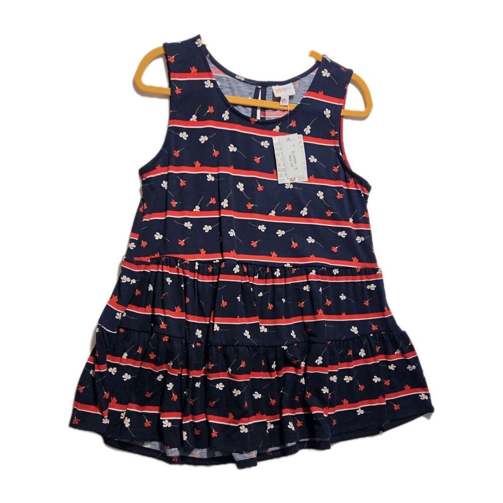 LuLaRoe ELIANA Women SMALL Tiered Babydoll Sleeveless Floral Stripe Navy Red NWT